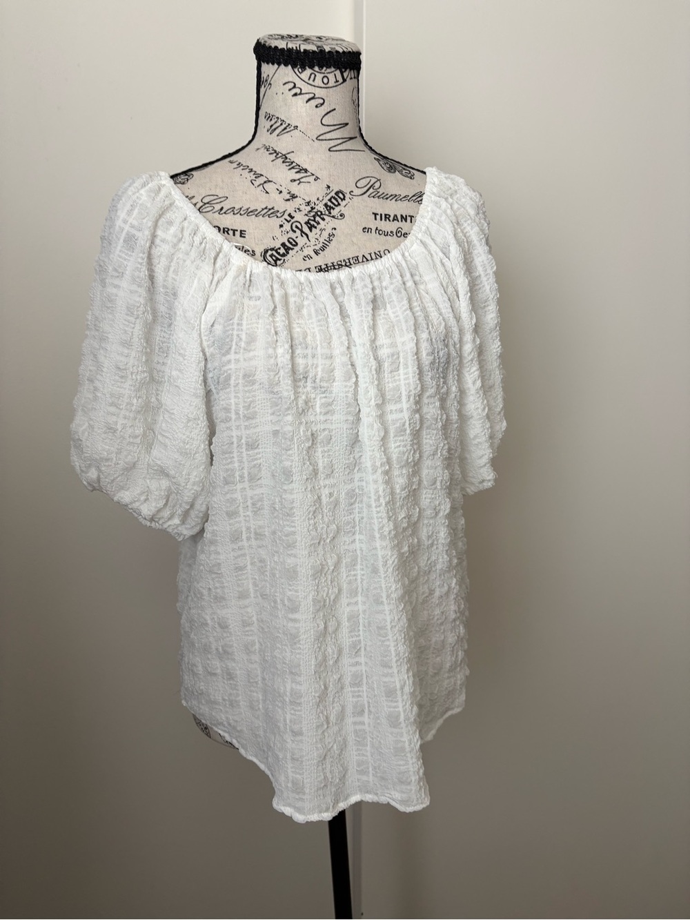 Catherine Malandrino White Textured Peasant Blouse with Puff Sleeves